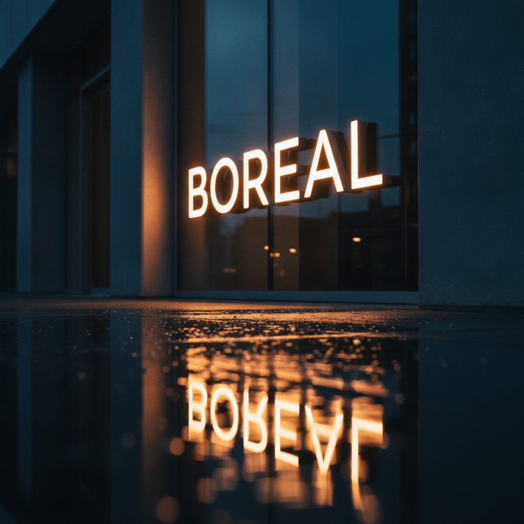 Enseigne lumineuse à lettres-boîtiers illuminée au crépuscule